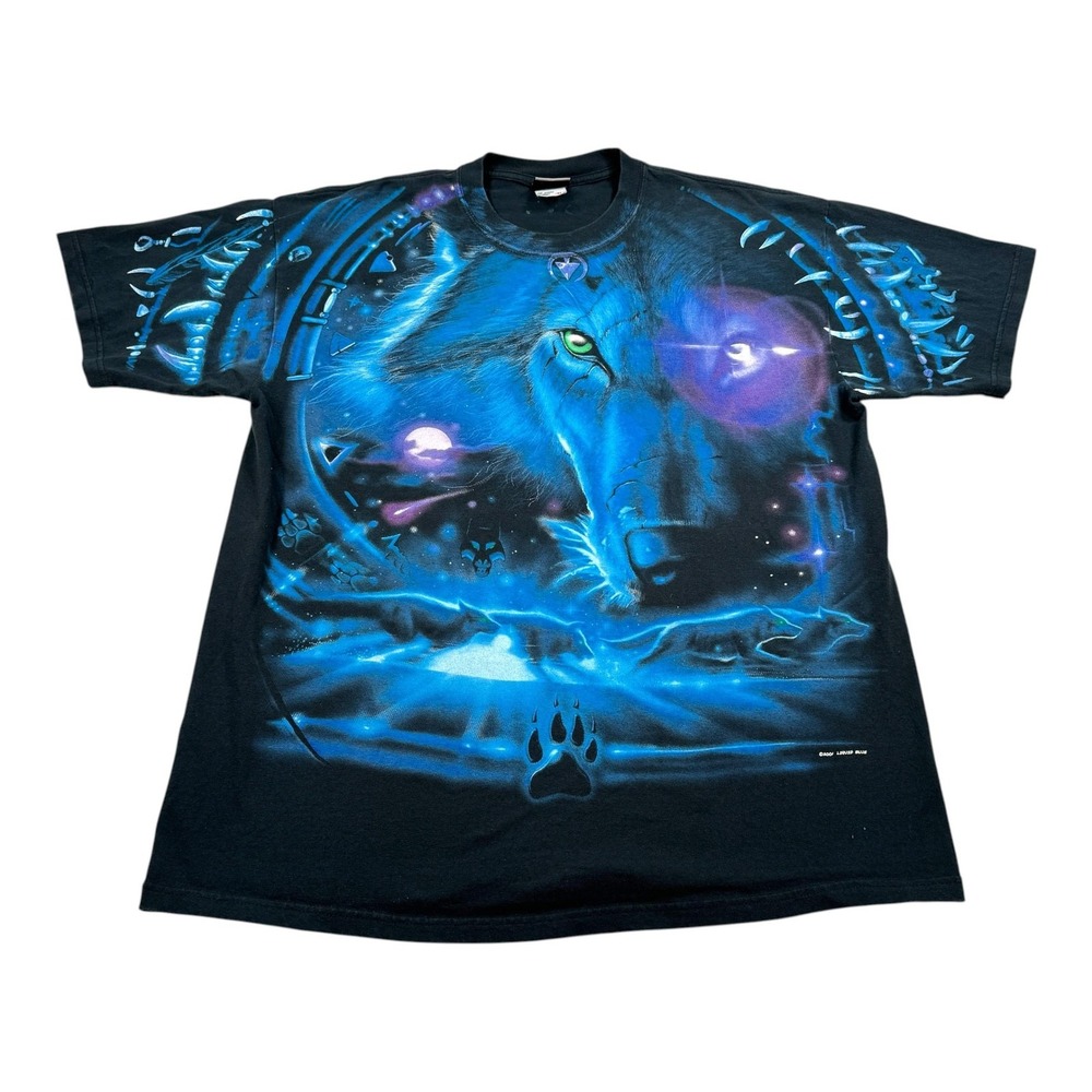 Vintage Liquid Blue Shirt Mens XL Black Wolf Galaxy AOP Double Sided Tee 2001